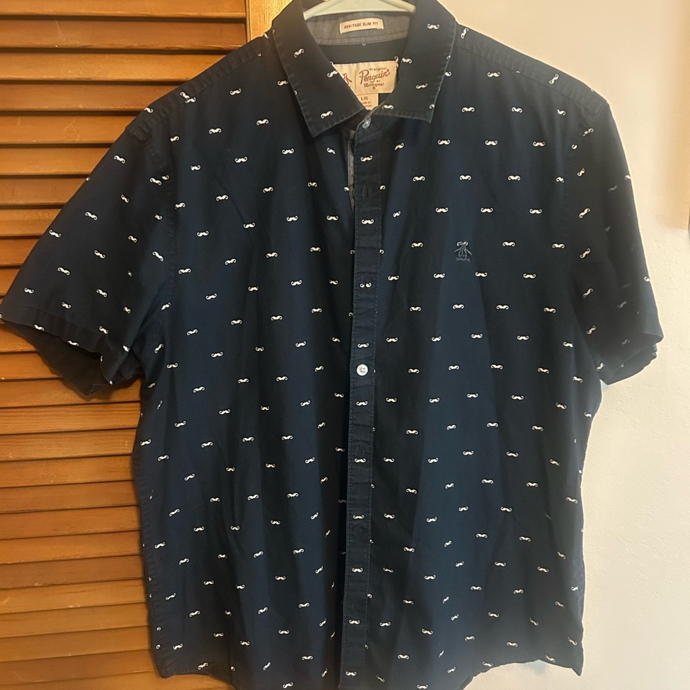 Penguin Navy Blue 💙with Cute Mustache Pattern Men's Button-Down Shirt 💙
